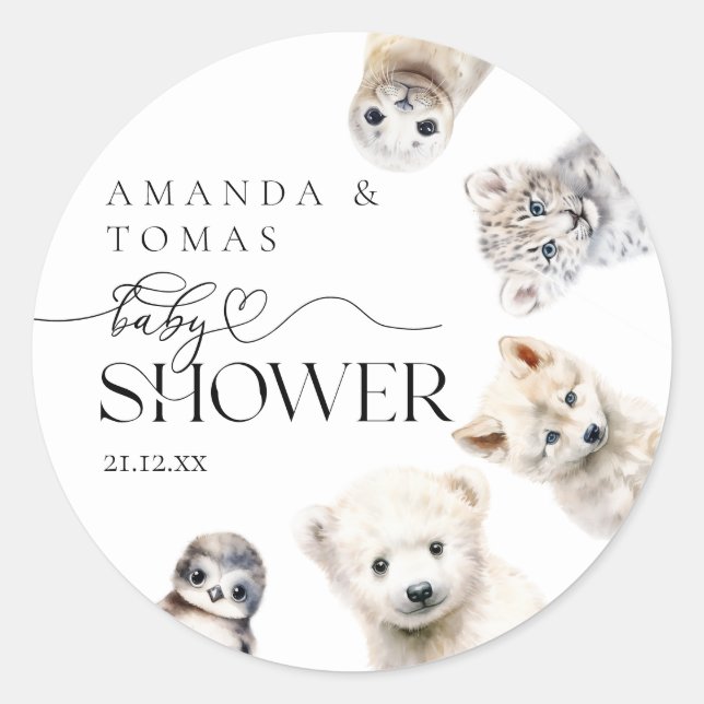 Winter Animals Gender Neutral Baby Shower Classic Round Sticker (Front)