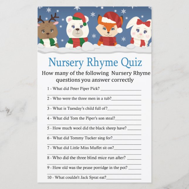 winter animals Nursery Rhyme Quiz baby shower game (Front)