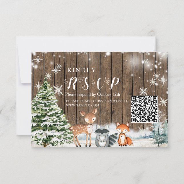 Winter Animals Wood Snowflakes Baby Shower RSVP Thank You Card (Front)
