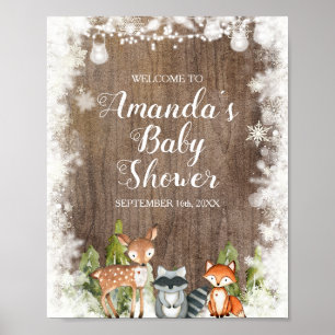 Winter Animals Wood Snowflakes Baby Shower Welcome Poster