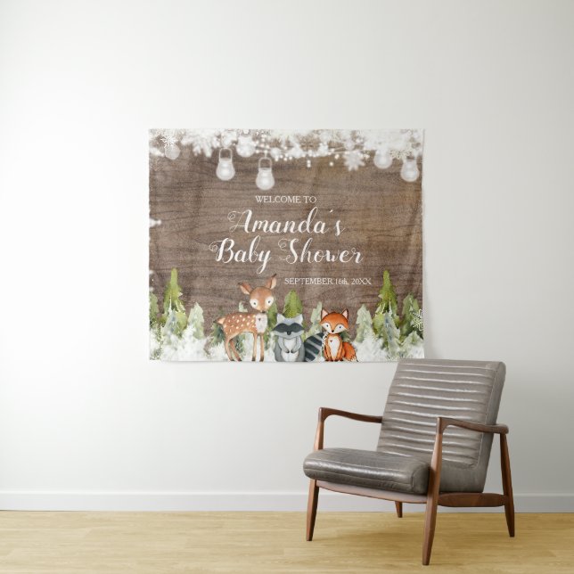 Winter Animals Wood Snowflakes Baby Shower Welcome Tapestry (In Situ (Horizontal))