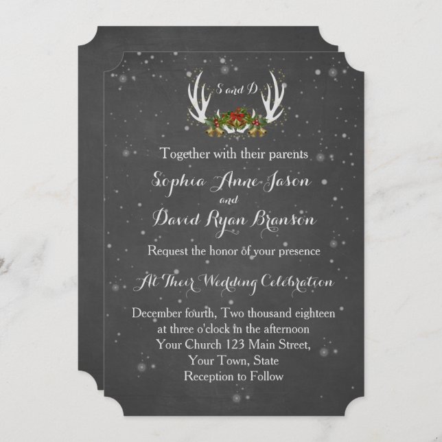 Winter Antlers Chalkboard Wedding Invitation (Front/Back)