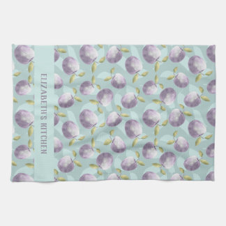 Winter apples cold green and purple personalised tea towel
