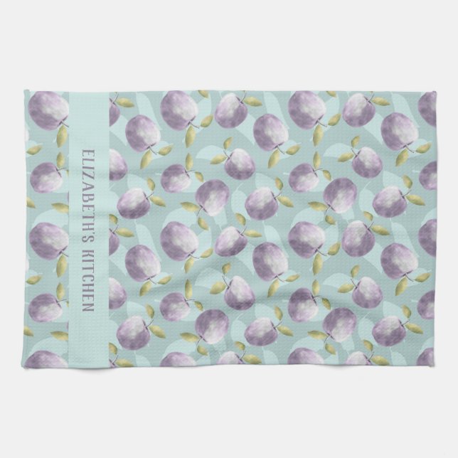Winter apples cold green and purple personalised tea towel (Horizontal)