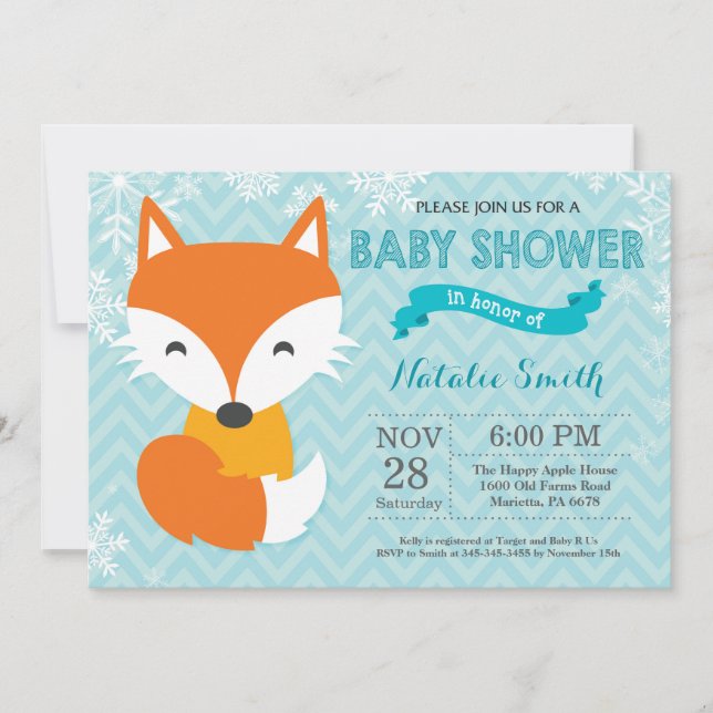 Winter Aqua Fox Baby Shower Invitation (Front)