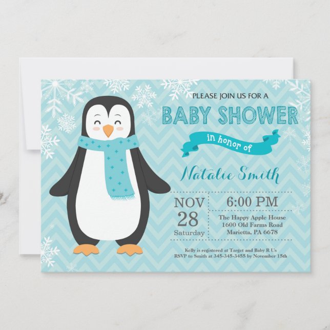 Winter Aqua Penguin Baby Shower Invitation (Front)