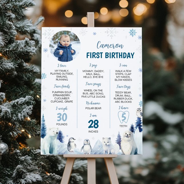 Winter Arctic Animals 1st Birthday Milestone Photo Poster (Creator Uploaded)