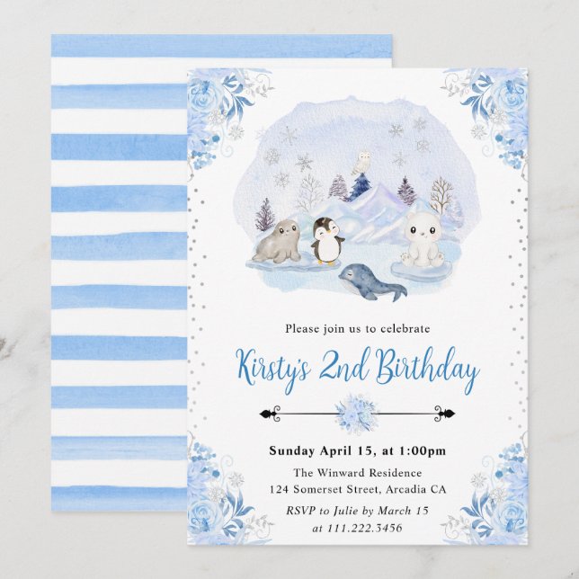 Winter Arctic Animals 2nd Birthday Invitation (Front/Back)