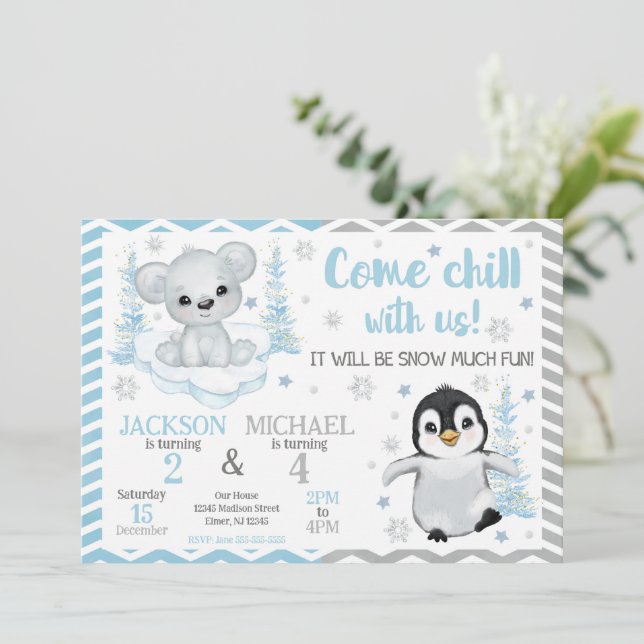 Winter Arctic Animals Joint Birthday Invitation (Standing Front)