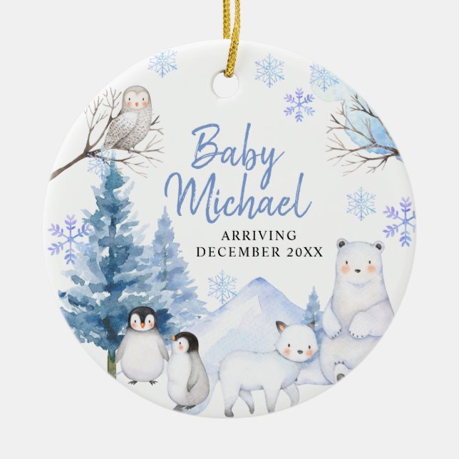 Winter Arctic Baby Boy Pregnancy Announcement Ceramic Ornament (Front)