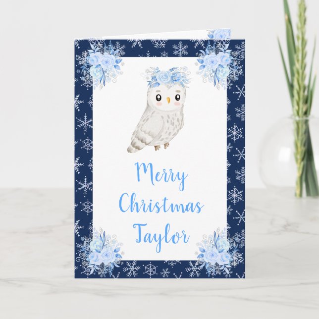 Winter Arctic Owl Merry Christmas Holiday Card (Front)