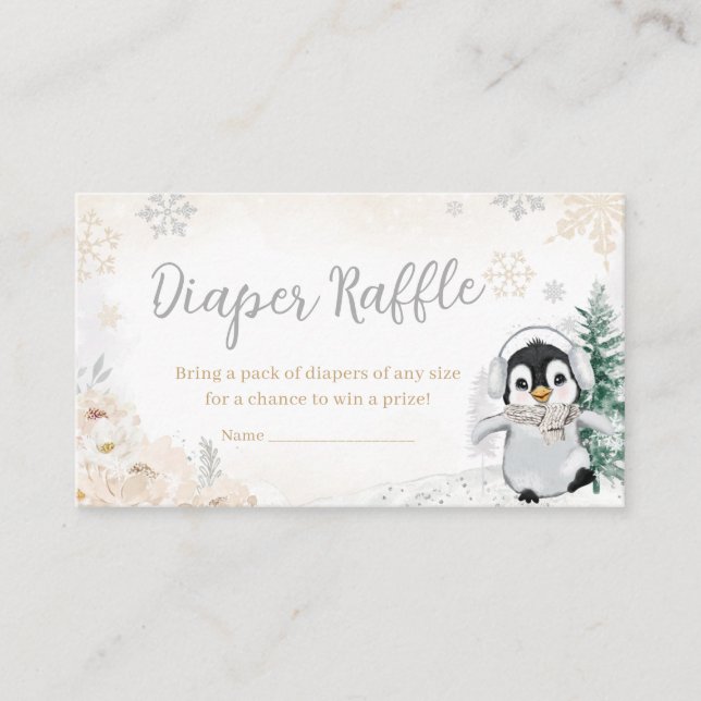 Winter Arctic Penguin Baby Shower Diaper Raffle Enclosure Card (Front)