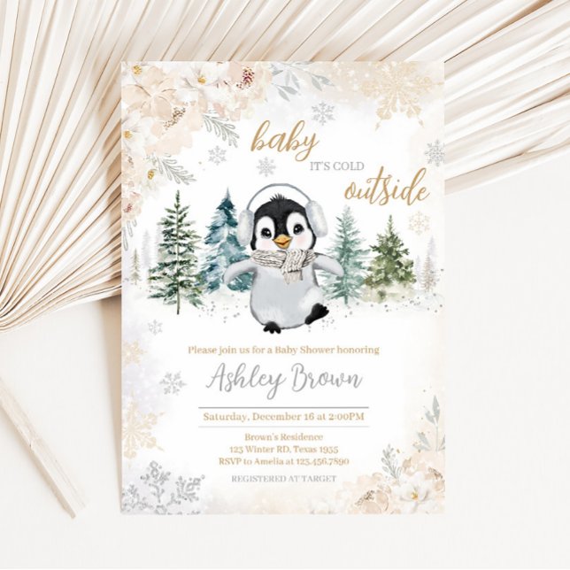 Winter Arctic Penguin Baby Shower  Invitation (Cold Outside Winter Penguin Baby Shower Invitation)