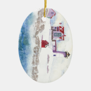 winter at Nubble LIghthouse in Maine Ceramic Ornament