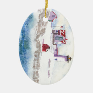 winter at Nubble LIghthouse in Maine Ceramic Tree Decoration