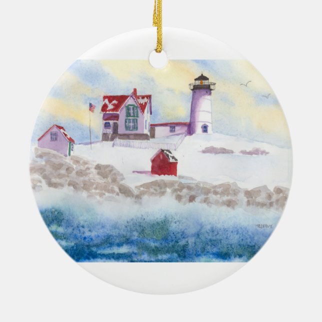 winter at Nubble LIghthouse in Maine Ceramic Tree Decoration (Back)