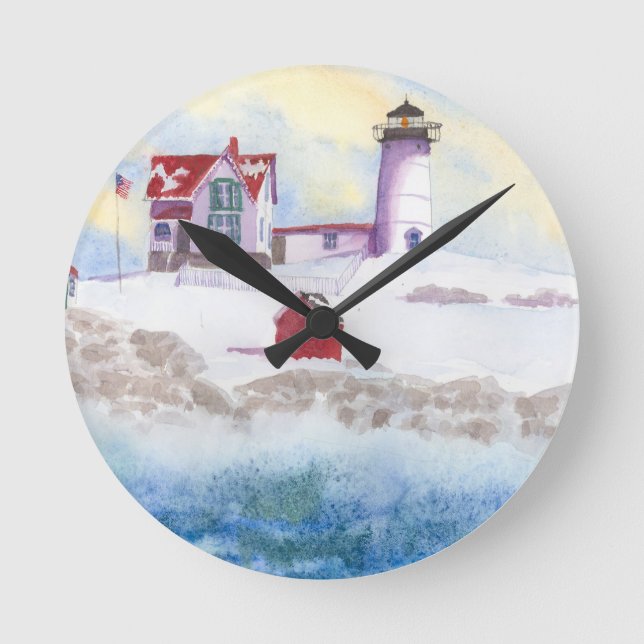 winter at Nubble LIghthouse in Maine Round Clock (Front)