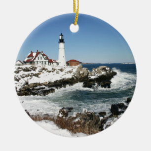 Winter at Portland Head Light Ceramic Ornament