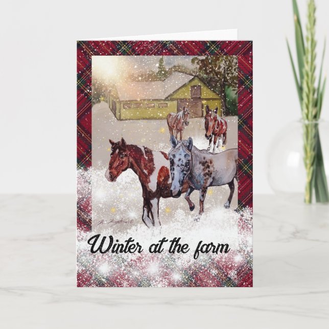 winter at the farm red plaid invitation (Front)