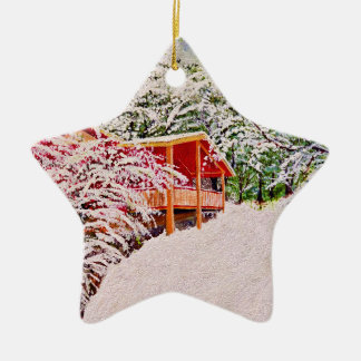 "Winter at the Little Red Cabin" onament. Ceramic Ornament