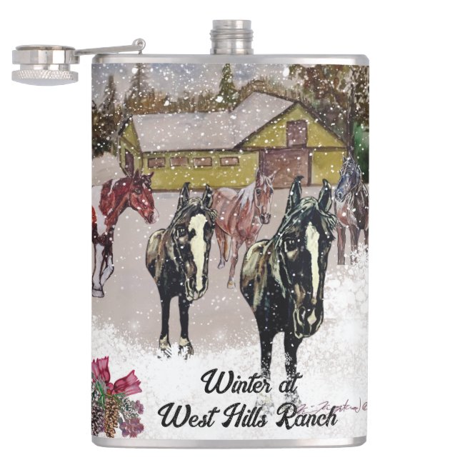 Winter at West Hills Farm 2 black horses Hip Flask (Opened)