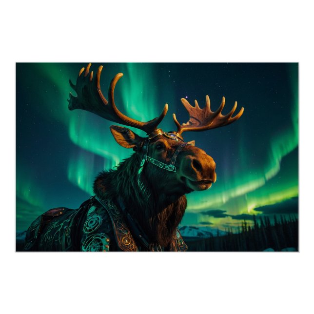 Winter Aurora & Steampunk Moose Wildlife Art Poster (Front)