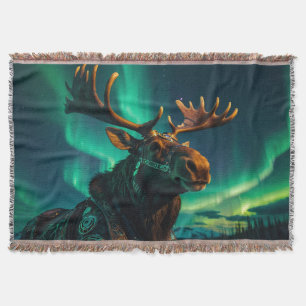 Winter Aurora & Steampunk Moose Wildlife Art Throw Blanket