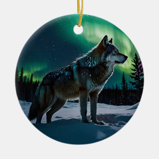 Winter Aurora & Timber Wolf Wildlife Design Ceramic Ornament (Front)