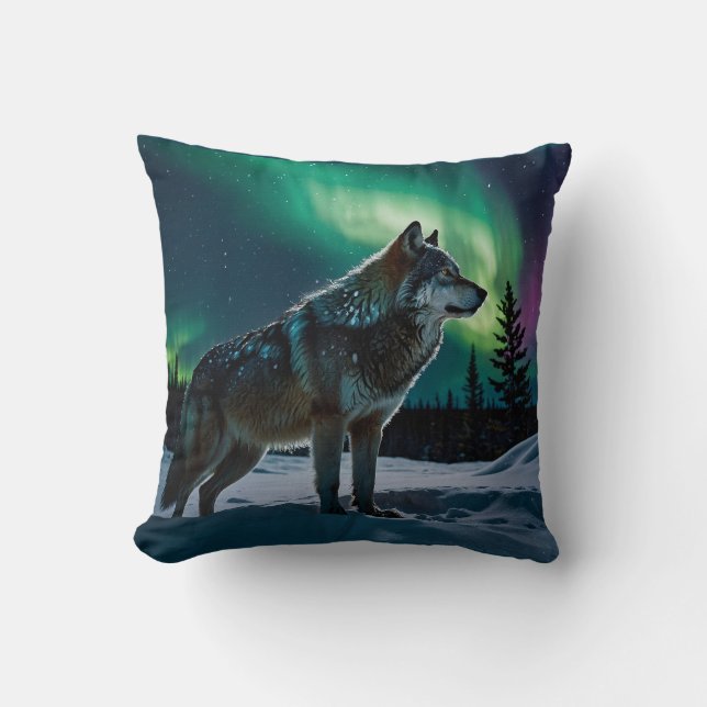 Winter Aurora & Timber Wolf Wildlife Design Cushion (Front)