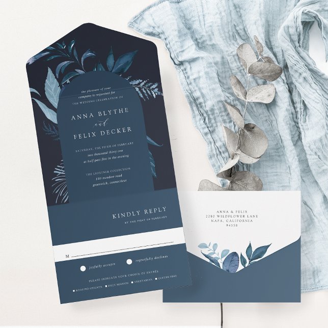 Winter Azure Blue Botanical Arch Wedding All In One Invitation (Creator Uploaded)