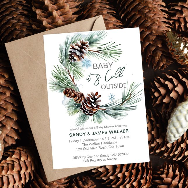 Winter baby baby shower pine wreath template (Winter baby baby shower pine wreath editable template invitation digital download baby it's cold out)