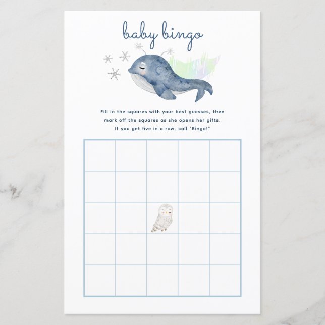 Winter Baby Bingo Game - Whale Baby Shower (Front)