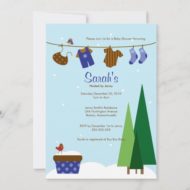 Winter Baby Boy Clothesline Baby Shower Invite (Front)
