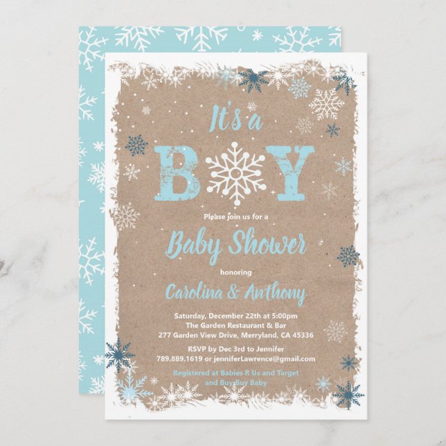 Winter baby boy shower snowflake rustic its a boy invitation (Front/Back)