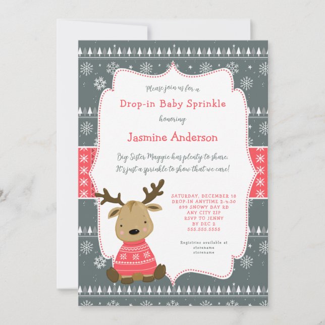 Winter Baby Deer Drop-in Baby Sprinkle Invitation (Front)
