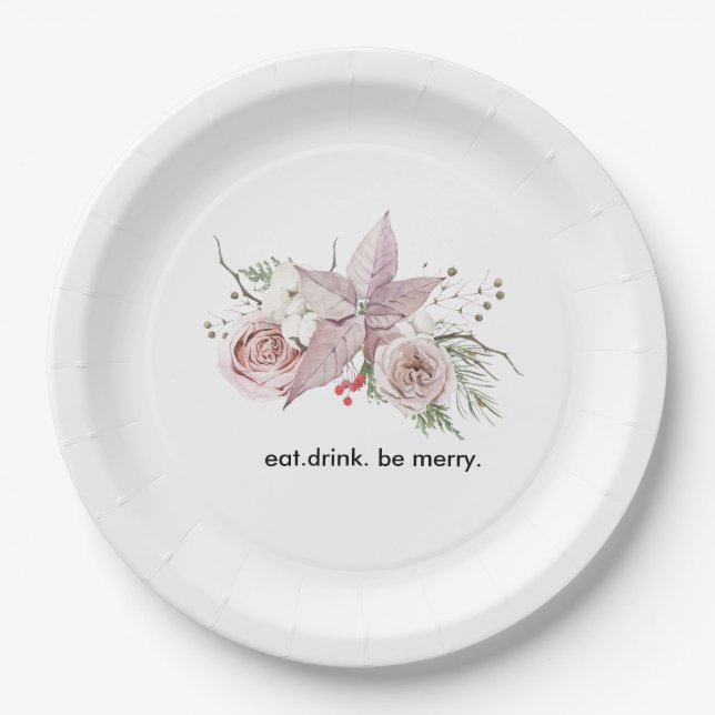 Winter baby in bloom pink floral poinsettia paper plate (Front)