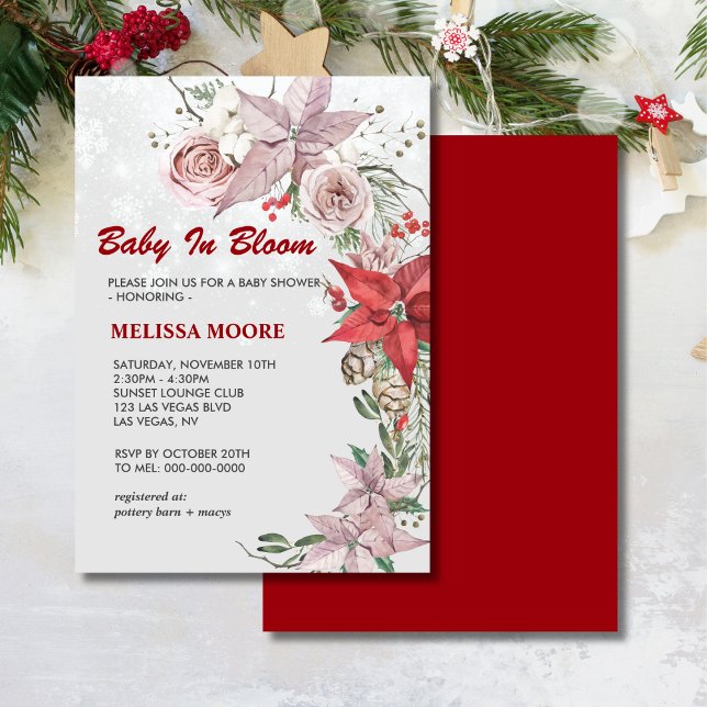 Winter baby in bloom pink floral red poinsettia invitation (Creator Uploaded)