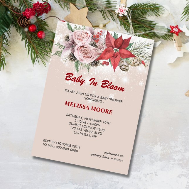 Winter baby in bloom pink floral red poinsettia invitation (Creator Uploaded)