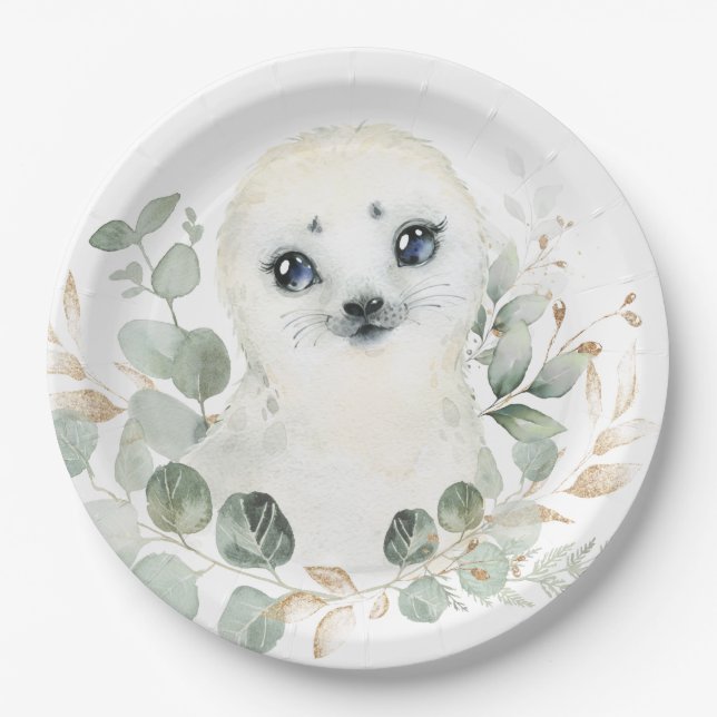 Winter Baby Seal Greenery Gold Wreath Birthday Paper Plate (Front)