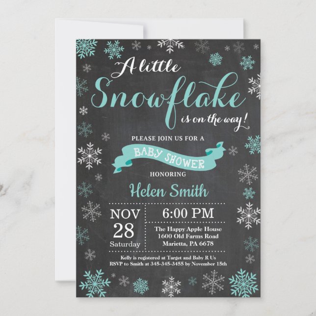 Winter Baby Shower Aqua Snowflake Chalkboard Invitation (Front)