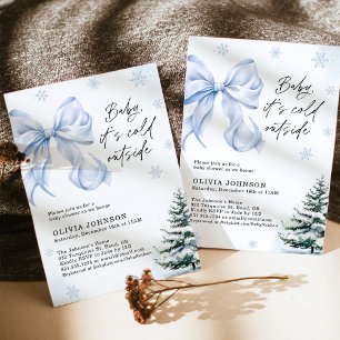 Winter Baby Shower, Blue Bow It's Cold Outside Invitation