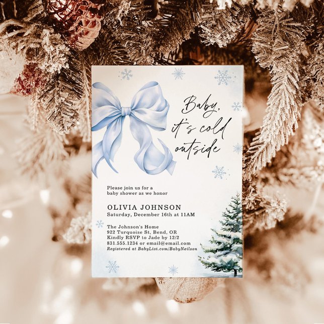 Winter Baby Shower, Blue Bow It's Cold Outside  Invitation (Creator Uploaded)