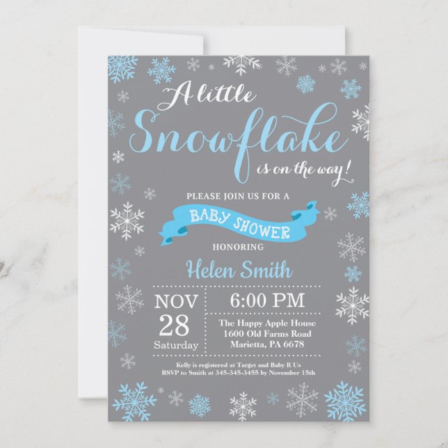 Winter Baby Shower Blue White and Grey Snowflake Invitation (Front)