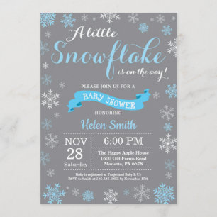 Winter Baby Shower Blue White and Grey Snowflake Invitation