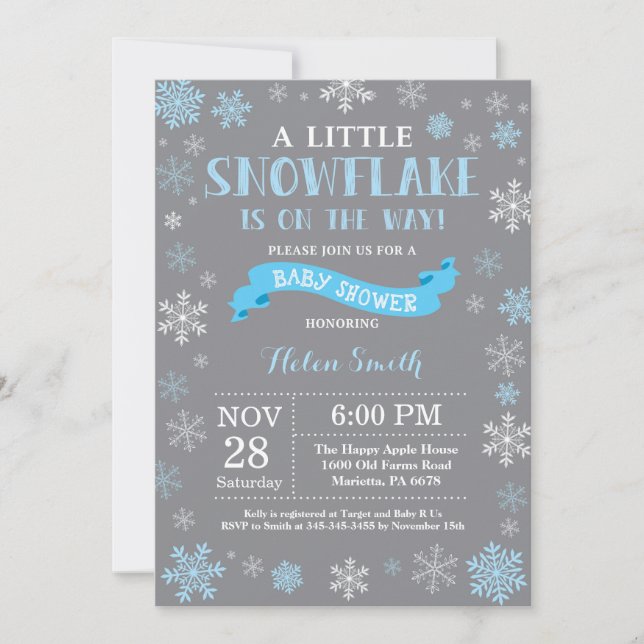 Winter Baby Shower Blue White and Grey Snowflake Invitation (Front)