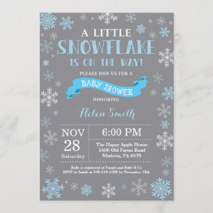 Winter Baby Shower Blue White and Grey Snowflake Invitation