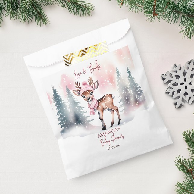 Winter baby shower cute deer pink thank you favour bag (Winter baby shower thank you favor bag cute deer wearing pink winter hat and scarf personalized bag)