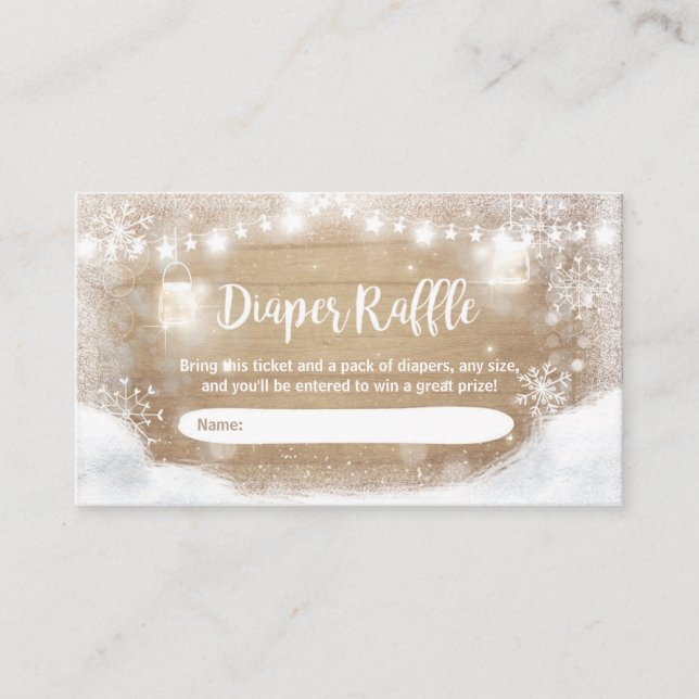 Winter Baby Shower Diaper Raffle Card Rustic Snow (Front)