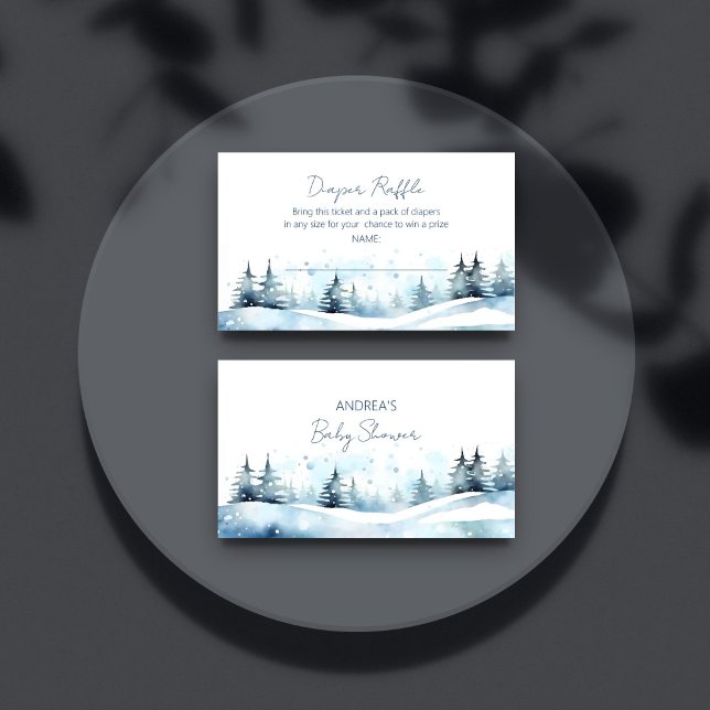 Winter baby shower diaper raffle enclosure card (Winter baby shower diaper raffle enclosure card snowy pines pastel Scandinavian  blues raffle card)