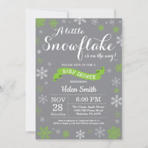 Winter Baby Shower Green White and Grey Snowflake Invitation